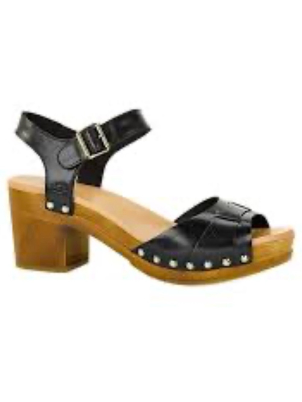 Ugg JANIE Black Leather Bronze Studded Wood Block Heel Retro Platform Sandals